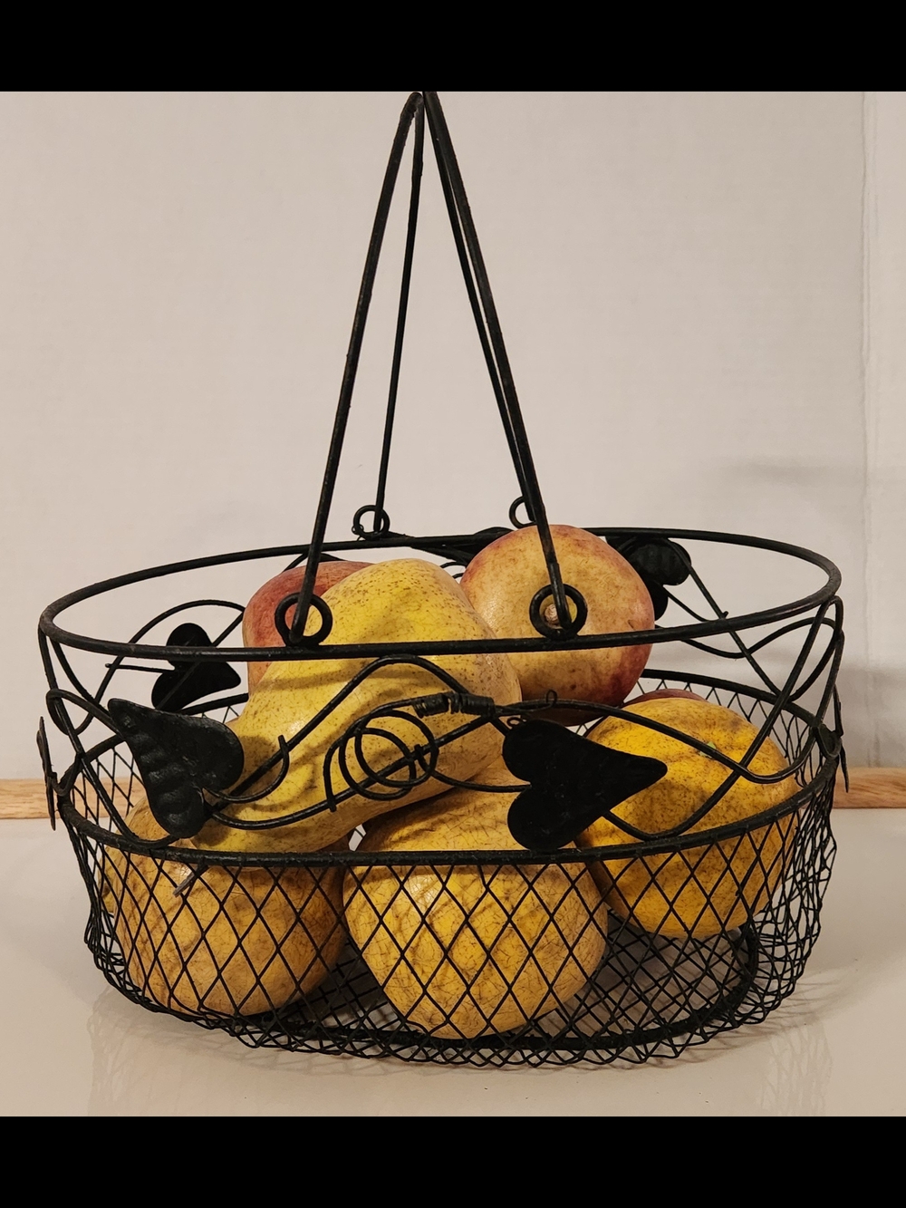 Vintage Wrought Iron Oval Basket with 9 Faux Fruits(Pears, Apples, Orange)Rustic
